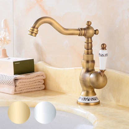 Traditional Swivel Spout Bathroom Faucet, Single-Hole Single-Handle Ceramic Lever Faucet, Antique Brass / Chrome / Polished Gold