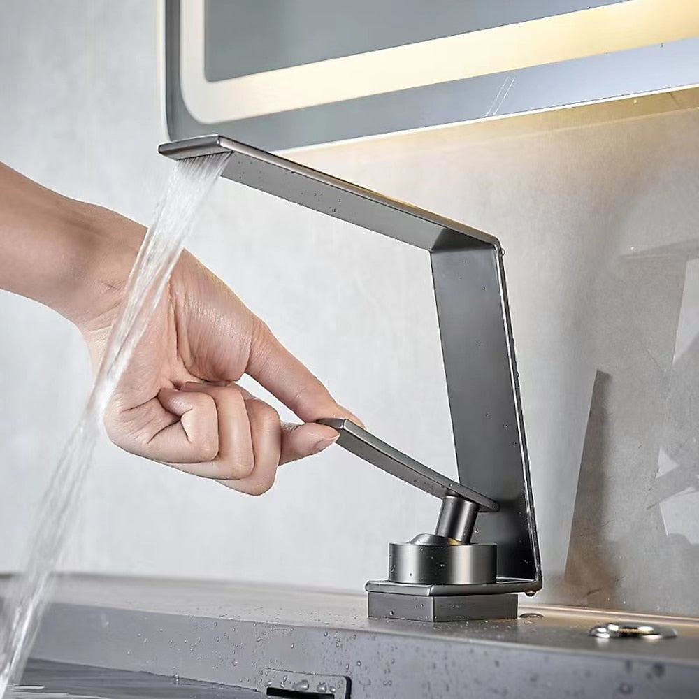 Waterfall Bathroom Faucet, Modern Single-Hole Single-Handle Faucet with Pop-Up Drain, Chrome / Matte Black / Gunmetal