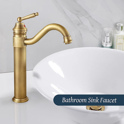 Antique Brass Traditional Single-Hole Vessel Sink Faucet, Single-Handle Brass Faucet, 360-Degree Swivel Spout Faucet