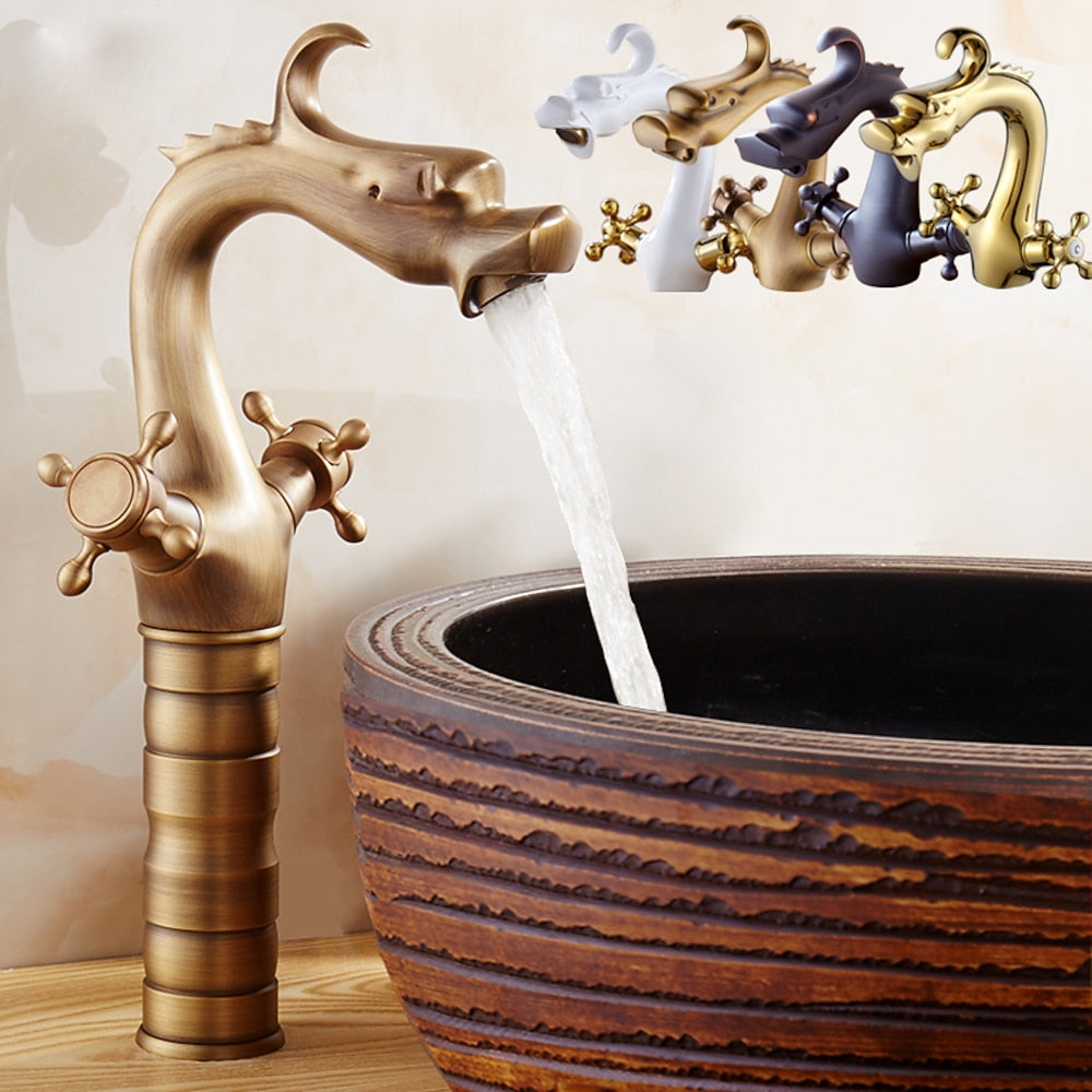 Vintage Dragon Vessel Sink Faucet, Single-Hole Double Cross Handle Brass Faucet