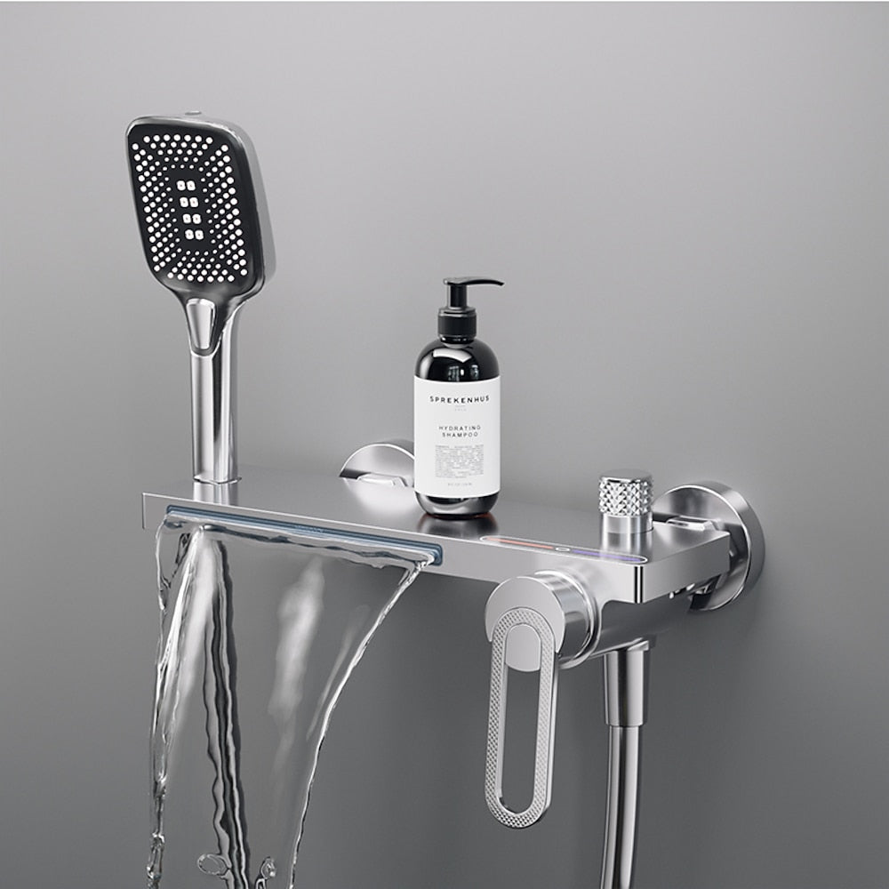 Modern Waterfall Wall-Mount Tub Faucet, Single-Handle Bath Faucet with Handheld Shower, Brushed Gold / Matte Black / Chrome / Matte White / Gunmetal