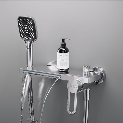 Modern Waterfall Wall-Mount Tub Faucet, Single-Handle Bath Faucet with Handheld Shower, Brushed Gold / Matte Black / Chrome / Matte White / Gunmetal