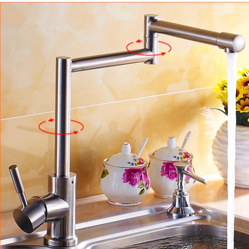 Folding Double-Jointed Brushed Nickel Kitchen Faucet, Single-Handle Stainless Steel Deck Mount Faucet