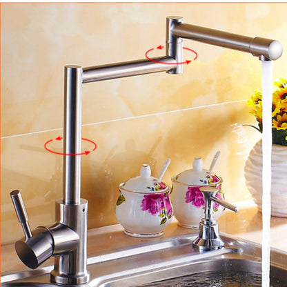 Folding Double-Jointed Brushed Nickel Kitchen Faucet, Single-Handle Stainless Steel Deck Mount Faucet