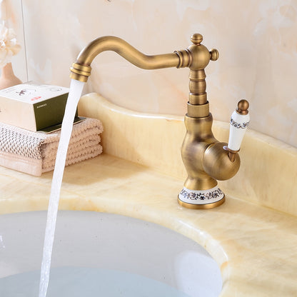 Traditional Swivel Spout Bathroom Faucet, Single-Hole Single-Handle Ceramic Lever Faucet, Antique Brass / Chrome / Polished Gold
