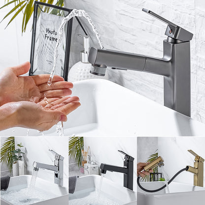 Pull-Out Single-Hole Brass Bathroom Faucet, Upward Fountain Spout Faucet, Chrome / Matte Black / Brushed Gold / Gunmetal