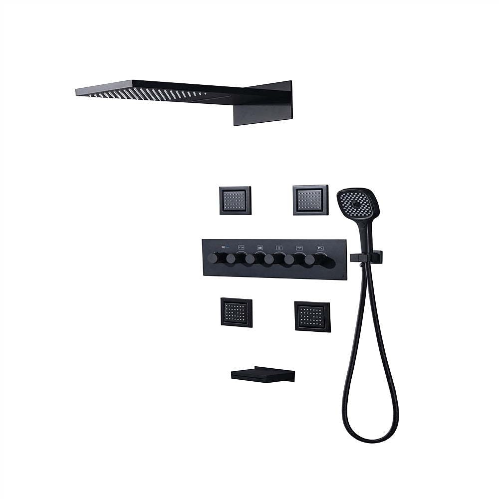 Matte Black Thermostatic Waterfall Rainfall Contemporary Shower System, Wall-Mount 5-Function Brass Faucet with Handheld Shower