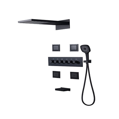 Matte Black Thermostatic Waterfall Rainfall Contemporary Shower System, Wall-Mount 5-Function Brass Faucet with Handheld Shower