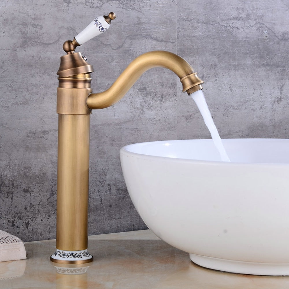 Antique Single-Hole Bathroom Faucet, Single-Handle Brass Faucet with Swivel Spout, Antique Brass / Oil-Rubbed Bronze / Brushed Nickel / Chrome / Polished Gold