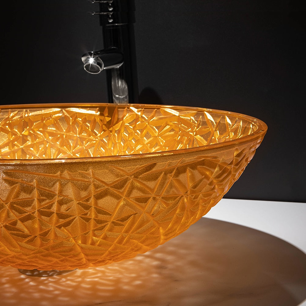 Orange Oval Glass Vessel Sink with Chrome Faucet, Single-Handle Bathroom Vessel Faucet with Pop-Up Drain