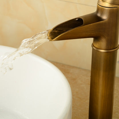 Waterfall Antique Brass Vessel Sink Faucet, Single-Handle Deck-Mounted Brass Faucet