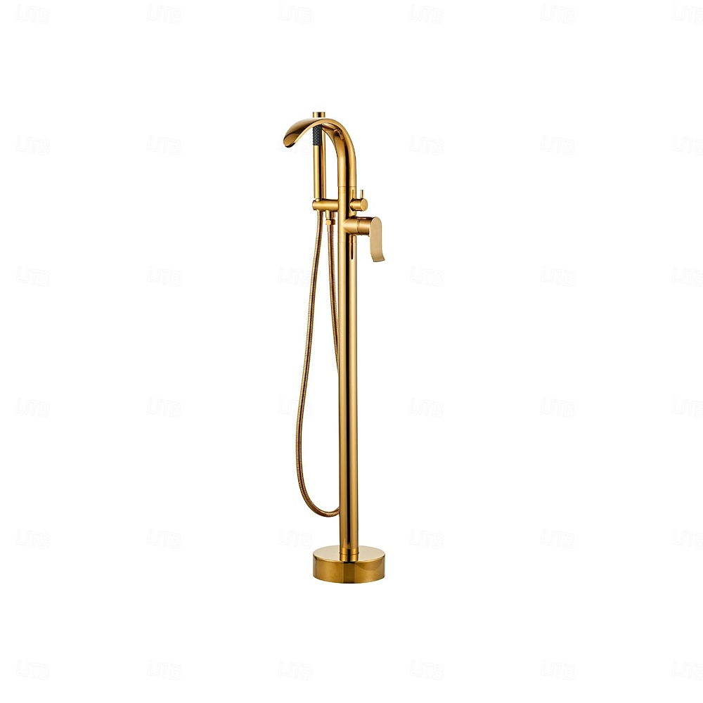 Brushed Gold Freestanding Tub Filler, Single-Handle Brass Faucet with Handheld Shower