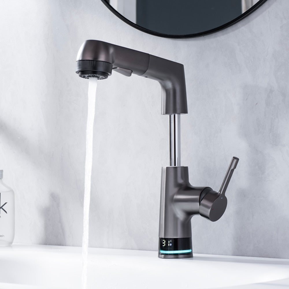 LED Digital Display Pull-Out Bathroom Faucet, Liftable Single-Handle Deck Mount Faucet, Gunmetal / Matte White / Chrome