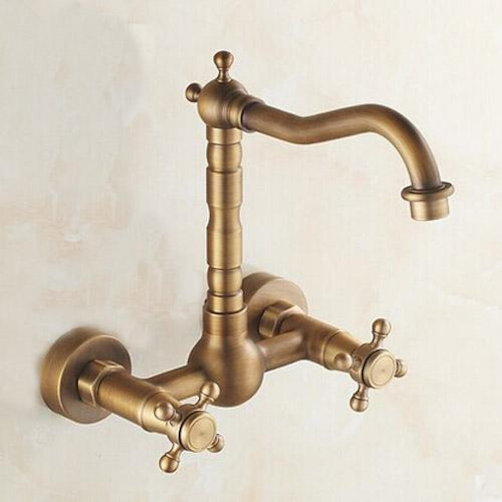 Wall-Mount Antique Brass Kitchen Faucet, Traditional Dual-Handle Swivel Spout Faucet with Inlet Hoses
