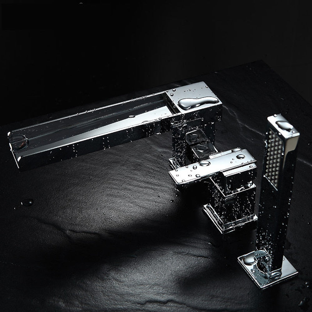 Chrome Modern Roman Tub Faucet, Waterfall Bathtub Faucet with Handheld Shower