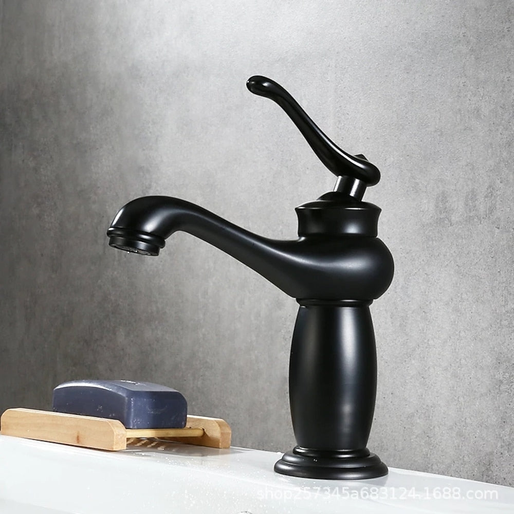 Vintage Single-Hole Bathroom Faucet, Single-Handle Brass Vanity Faucet with Ceramic Floral Accent