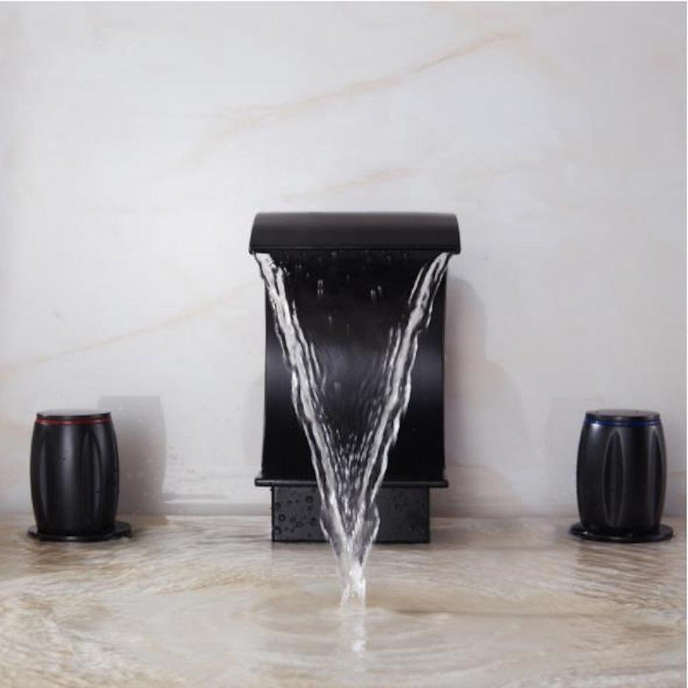 Waterfall Bathroom Faucet, Modern 3-Hole Widespread Dual-Handle Faucet, Polished Gold / Matte Black