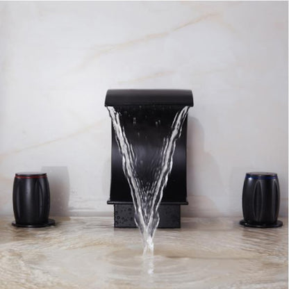 Waterfall Bathroom Faucet, Modern 3-Hole Widespread Dual-Handle Faucet, Polished Gold / Matte Black