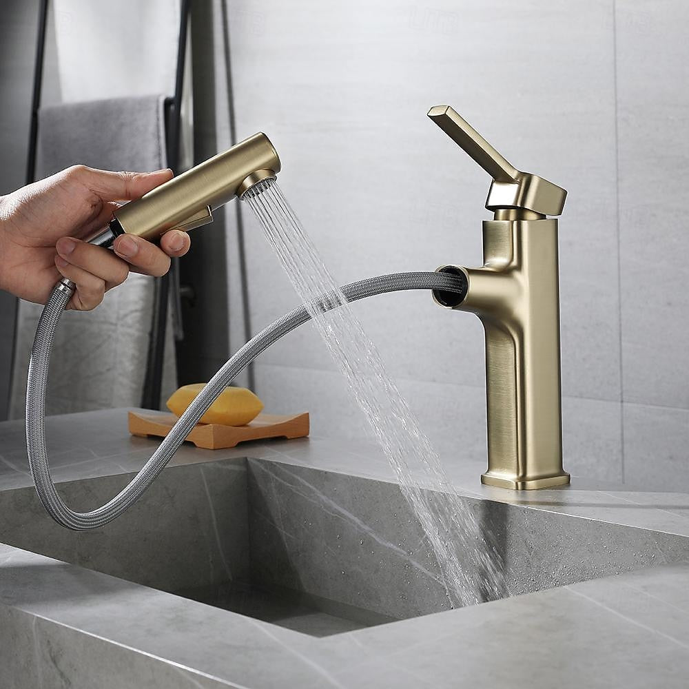 Modern Pull-Out Single-Hole Bathroom Faucet, Single-Handle Basin Faucet, Chrome / Matte Black / Brushed Gold / Gunmetal