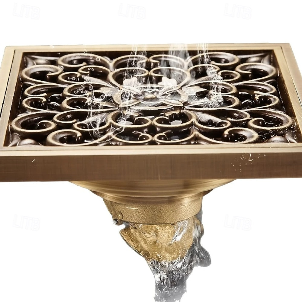 Antique Brass Traditional Square Floor Drain, Floor-Mounted Brass Drain with Removable Grate
