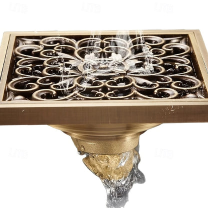 Antique Brass Traditional Square Floor Drain, Floor-Mounted Brass Drain with Removable Grate
