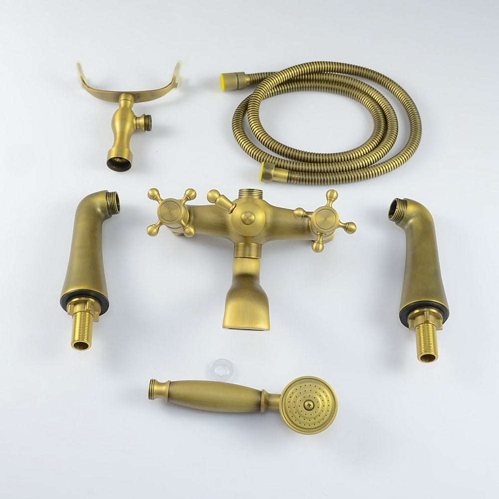Antique Brass Traditional Deck-Mount Tub Faucet, Two-Handle Tub Filler with Handheld Shower