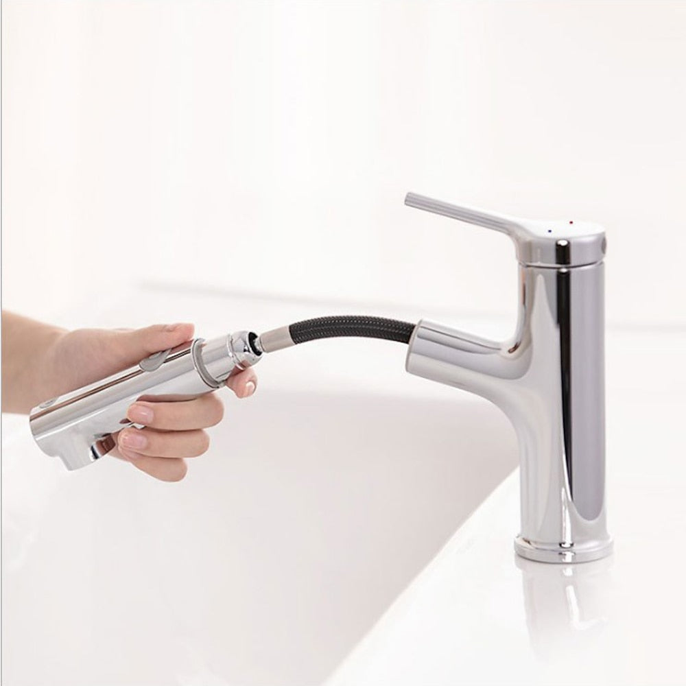 Pull-Out Single-Hole Bathroom Faucet, Single-Handle Basin Tap, Matte Black / Chrome
