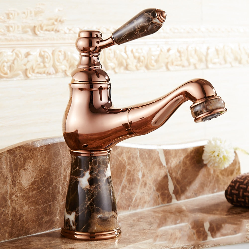 Pull-Out Vintage Single-Hole Bathroom Faucet, Single-Handle Brass Faucet, Rose Gold