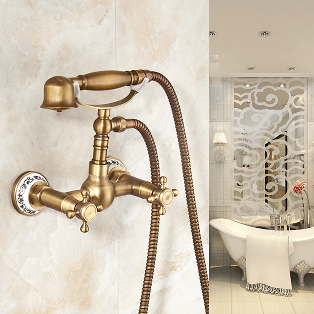 Antique Brass Wall-Mount Tub Filler Faucet, Double Cross Handle Telephone Bath Mixer Tap with Handheld Shower