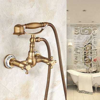 Antique Brass Wall-Mount Tub Filler Faucet, Double Cross Handle Telephone Bath Mixer Tap with Handheld Shower