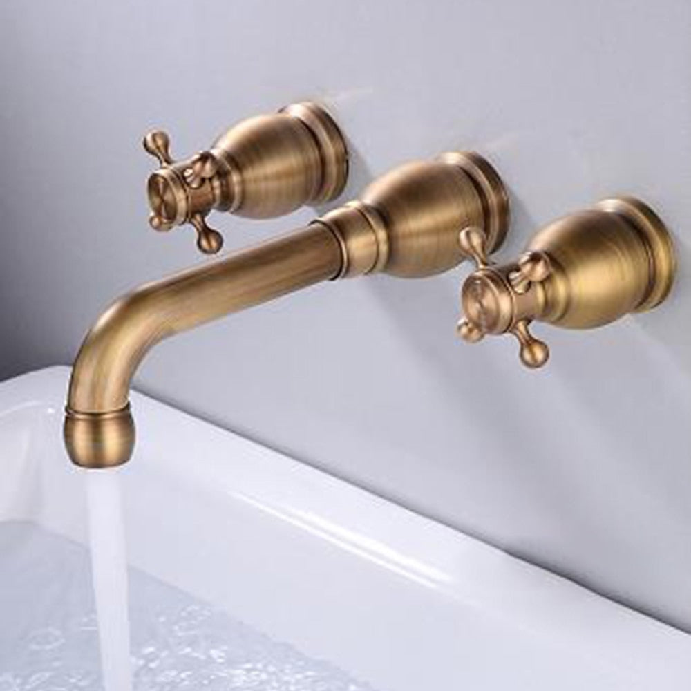 360-Degree Swivel Spout Wall-Mount Bathroom Faucet, Traditional Dual Cross Handle Brass Faucet, Antique Brass / Matte Black / Chrome / Matte White