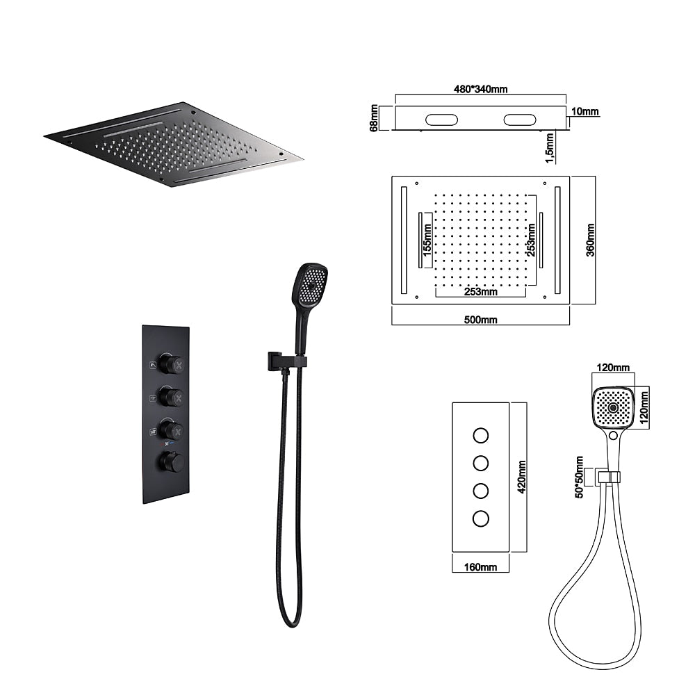 Matte Black LED Thermostatic Waterfall Shower System, Ceiling-Mounted Rainfall Shower Faucet Set with Handheld Shower