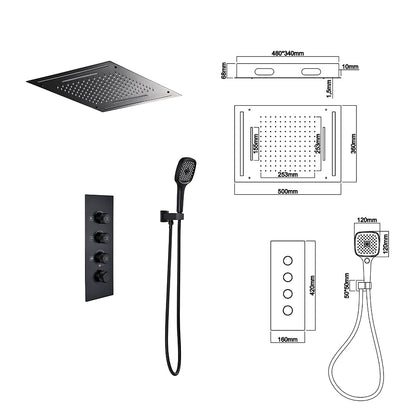 Matte Black LED Thermostatic Waterfall Shower System, Ceiling-Mounted Rainfall Shower Faucet Set with Handheld Shower