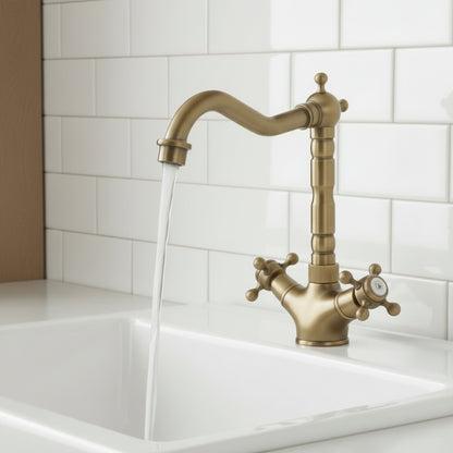 Traditional Antique Brass Single-Hole Bathroom Faucet, Double Cross-Handle High Arc Faucet