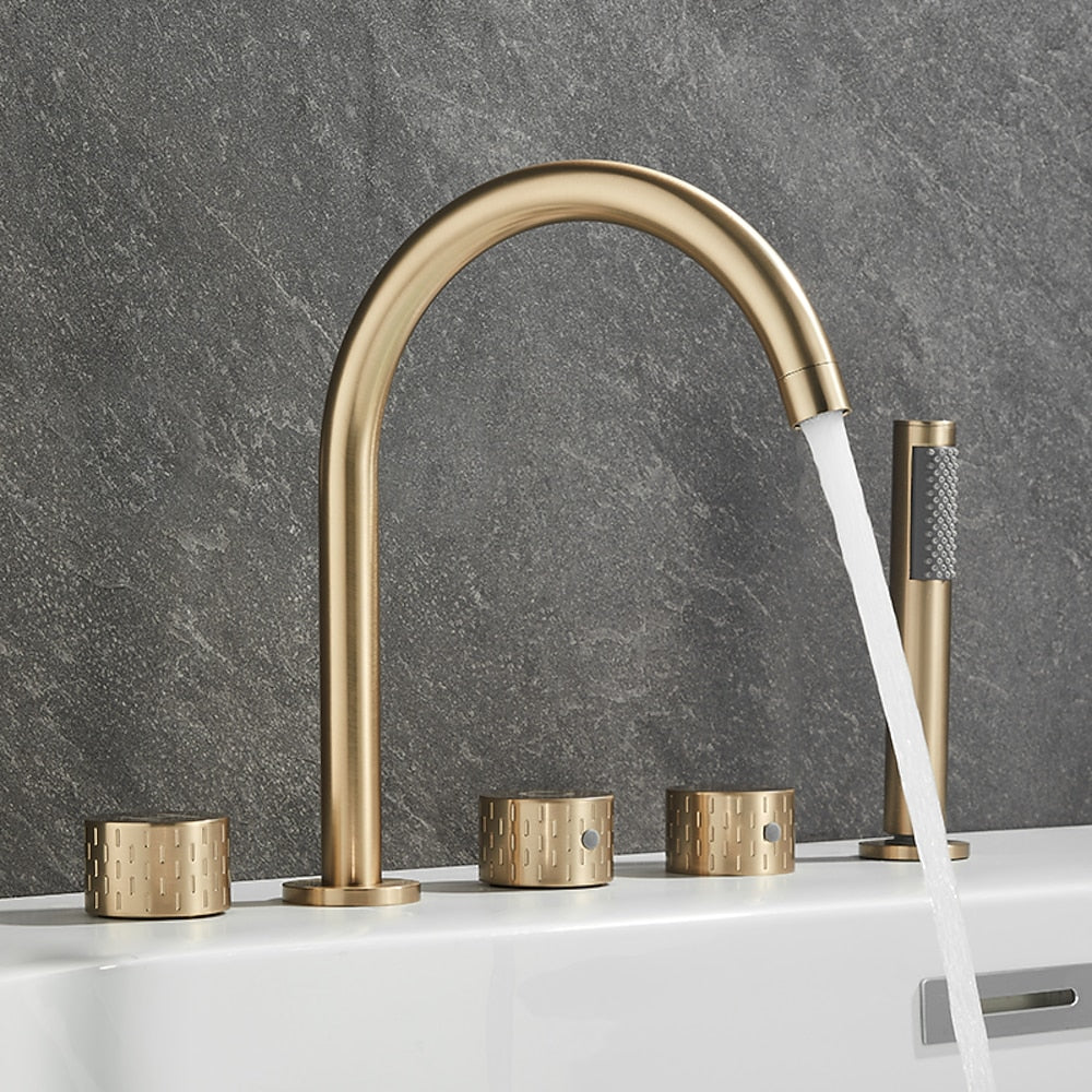 Contemporary 3-Handle Roman Tub Faucet, 5-Hole Brass Tub Filler with Handheld Shower