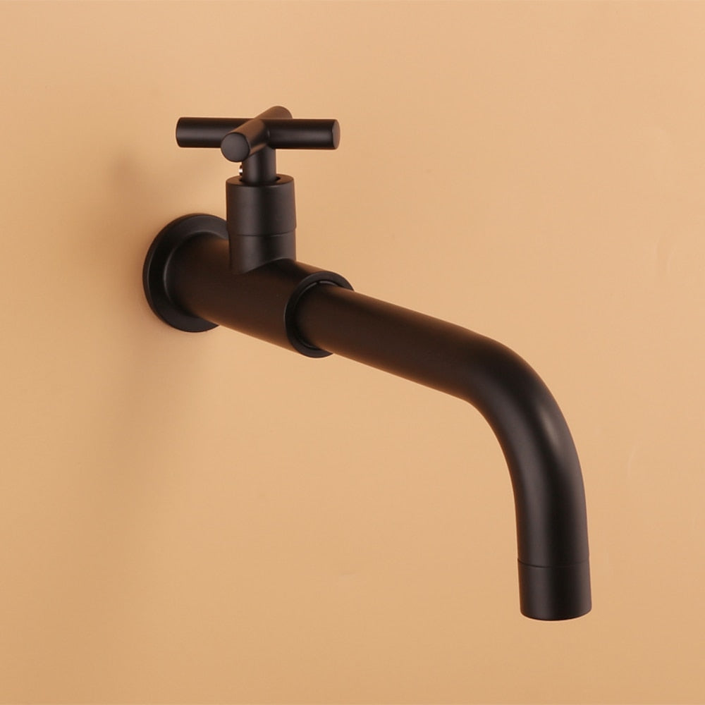 Matte Black Wall-Mount Single-Hole Bathroom Faucet, Single Cross Handle Cold Only Faucet