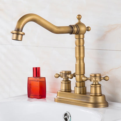 Antique Brass Swivel Spout Bathroom Faucet, Vintage Double-Handle Centerset Faucet