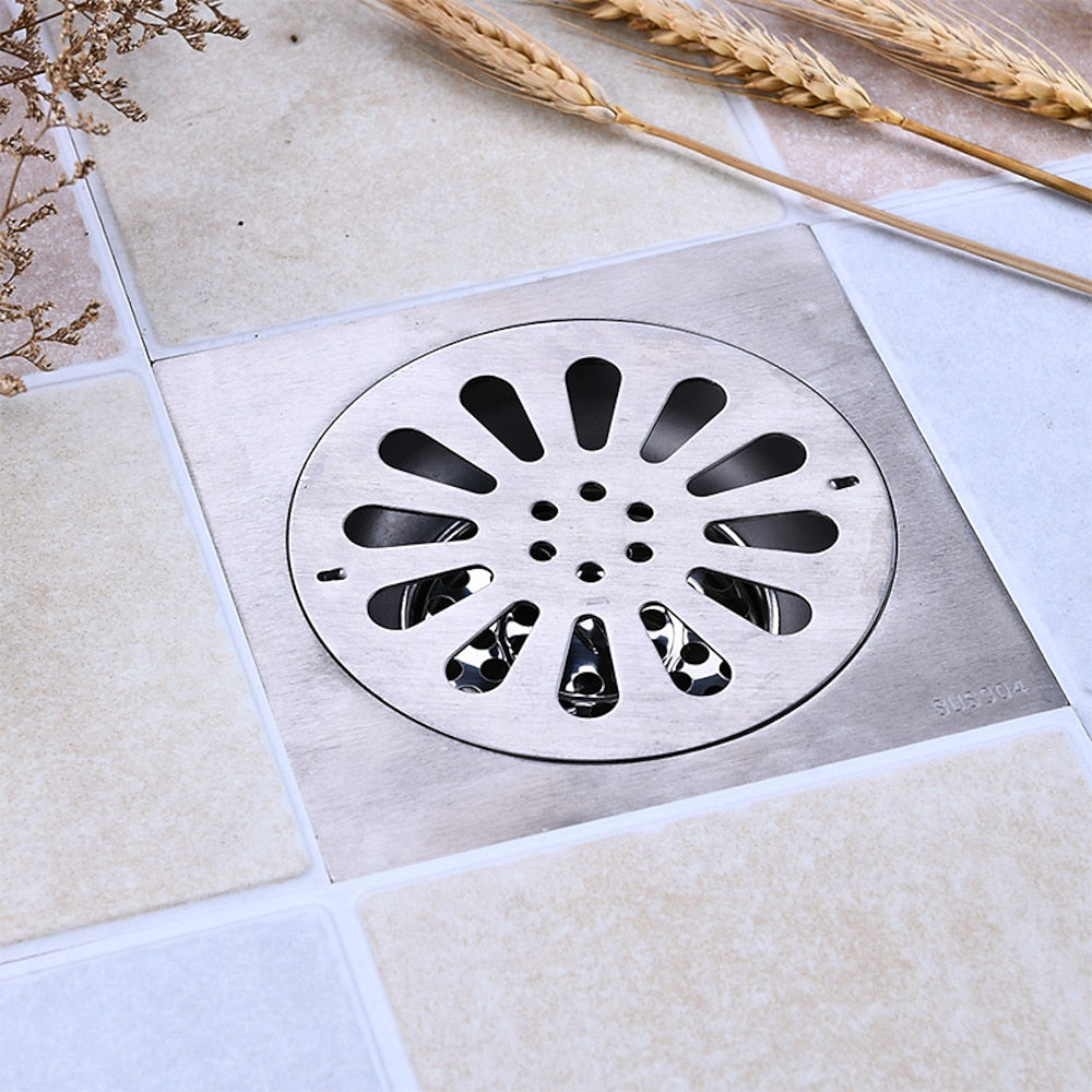 Modern Square Stainless Steel Floor Drain, Removable Cover Shower Drain with Hair Strainer