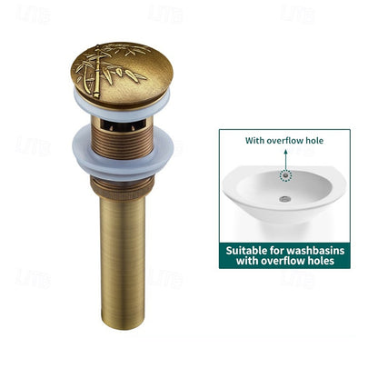 Antique Brass Vintage Pop-Up Sink Drain with Overflow, Solid Brass Bathroom Vanity Vessel Sink Drain Assembly