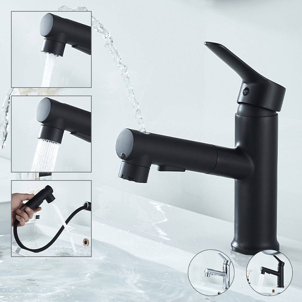 Modern Pull-Out Spray Bathroom Faucet, Single-Handle Brass Faucet, Matte Black / Chrome