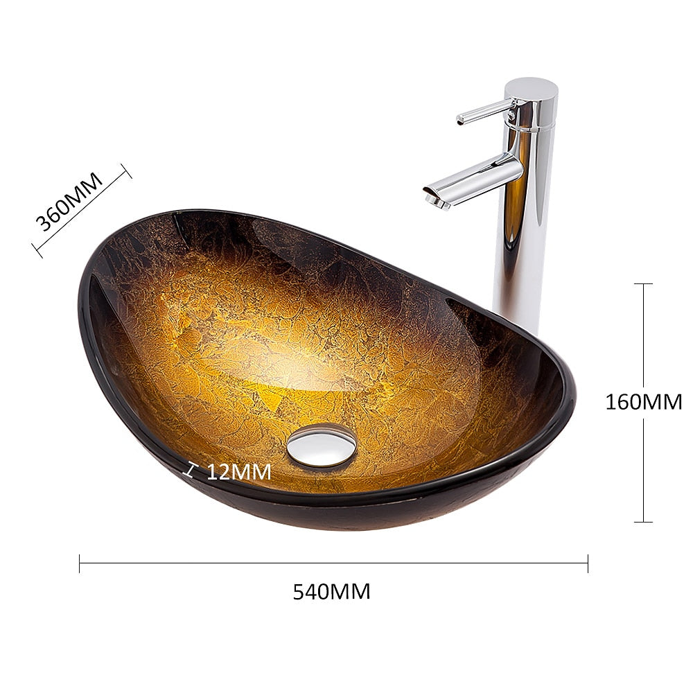 Gold Foil Tempered Glass Vessel Sink, Chrome Single-Handle Tall Faucet with Pop-Up Drain