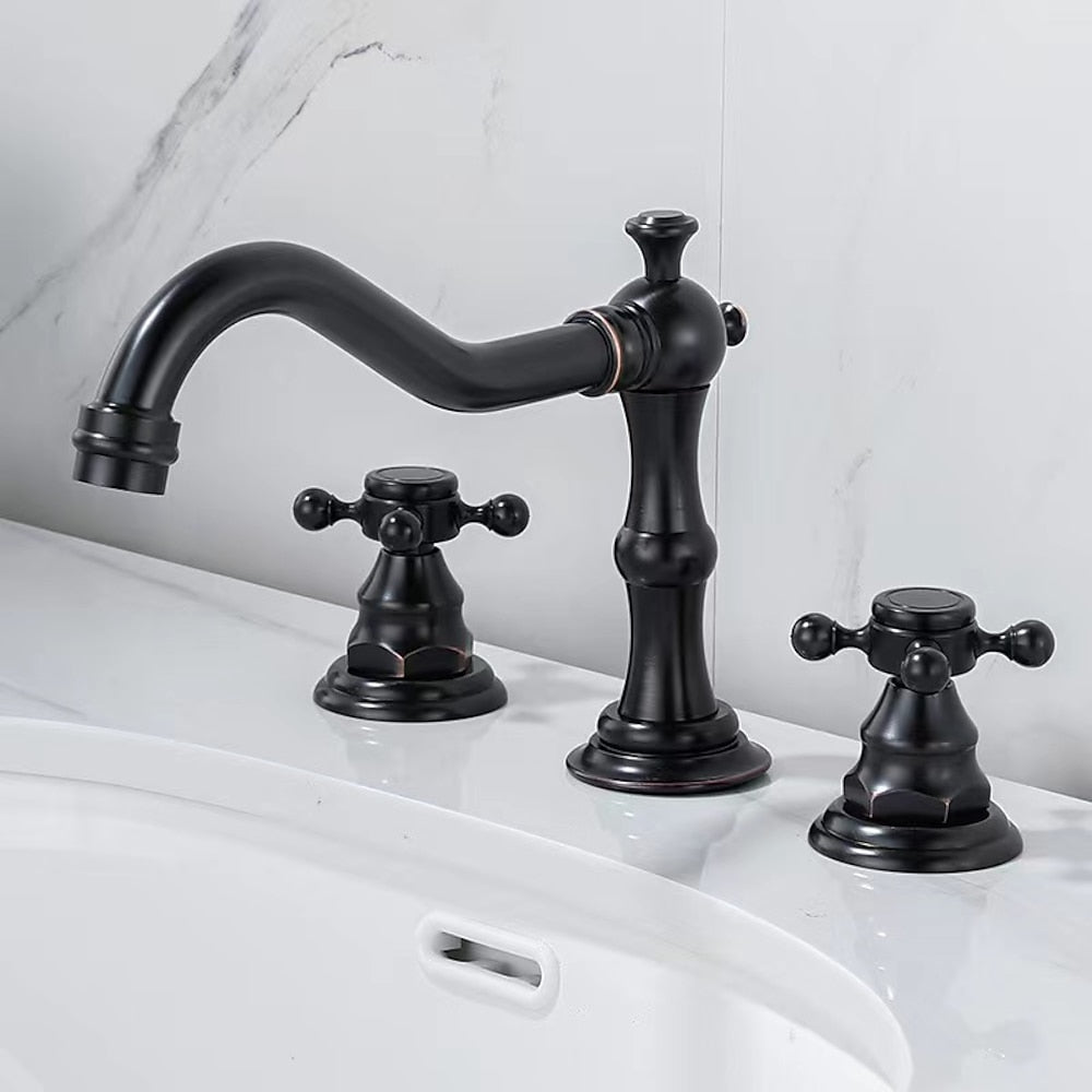 Traditional Brass Widespread Bathroom Faucet, Dual Cross Handle Vanity Faucet, Antique Brass / Brushed Nickel / Chrome / Oil-Rubbed Bronze / Matte Black