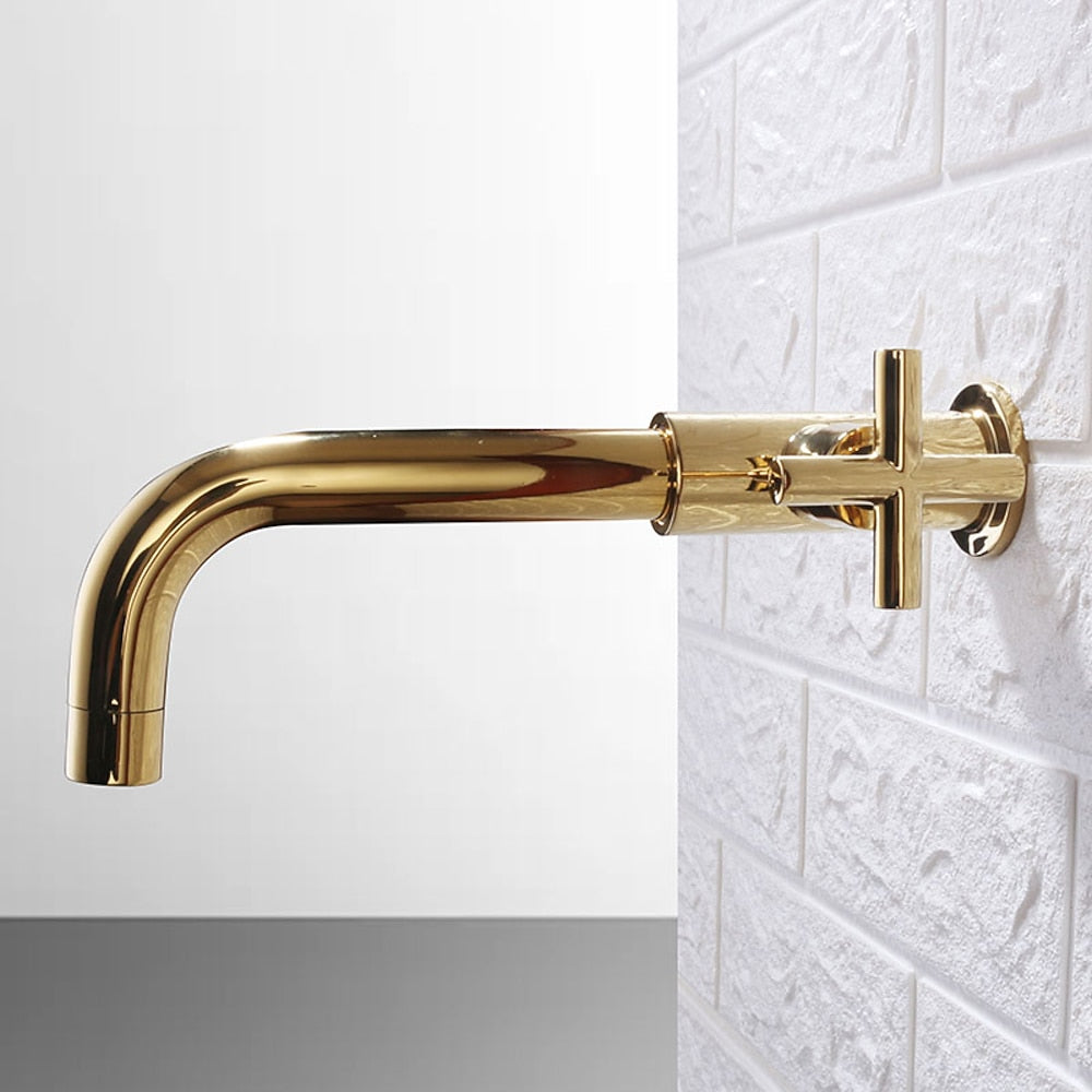 Modern Wall-Mount Swivel Spout Faucet, Single Cross Handle Cold Only Bathroom Faucet, Brushed Gold / Chrome / Gunmetal