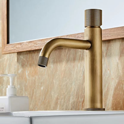 Antique Brass Single-Hole Bathroom Faucet, Knurled Single Knob Basin Faucet with Water Inlet Hoses