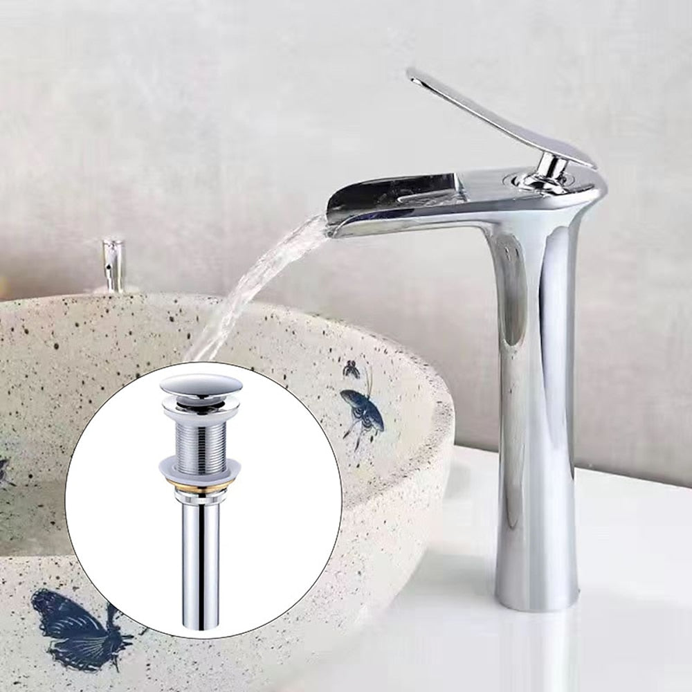 Waterfall Single-Hole Bathroom Faucet, Modern Single-Handle Sink Faucet with Pop-Up Drain