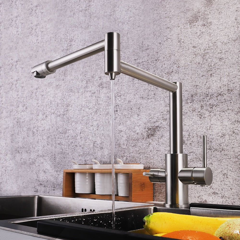 Foldable Dual-Joint Pot Filler Kitchen Faucet, Deck-Mount Single-Hole Two-Handle Faucet, Matte Black / Brushed Nickel