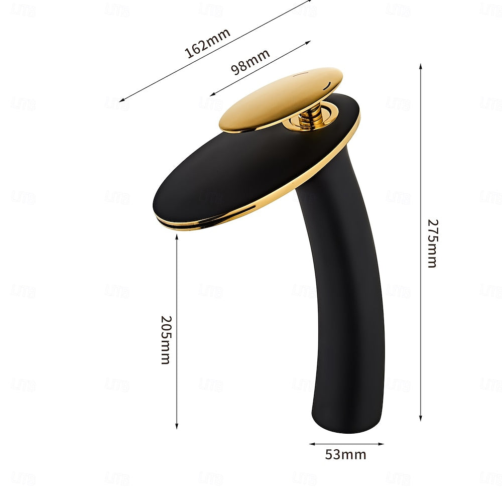 Two-Tone Matte Black Gold Waterfall Bathroom Faucet, Single-Hole Single-Handle Faucet