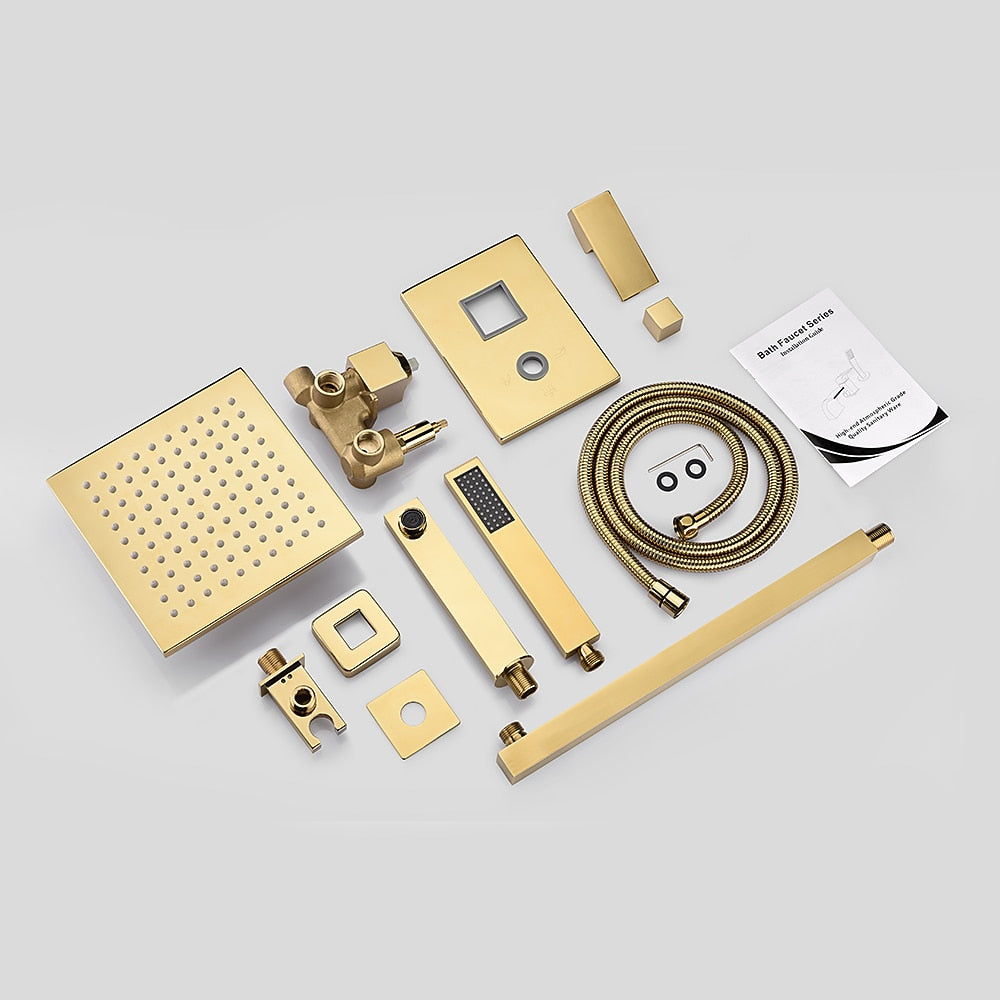 Brushed Gold Wall-Mounted Rainfall Shower System, Modern Single-Handle Tub Shower Faucet with Handheld Shower, Tub Spout