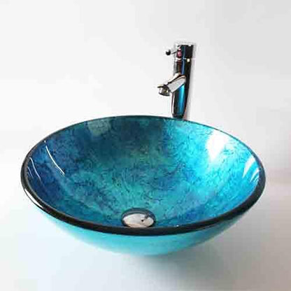 Contemporary Round Tempered Glass Vessel Bathroom Sink with Single-Handle Faucet, Vanity Basin Set with Pop-Up Drain, Silver / Gold / Bronze / Gray / Multi