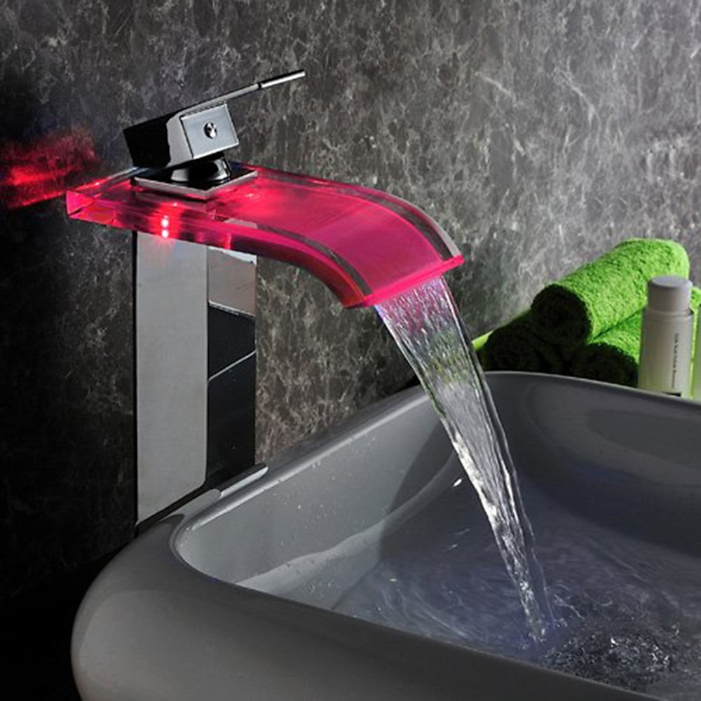 LED Glass Waterfall Bathroom Faucet, Single-Handle Single-Hole Faucet, Brushed Nickel / Brushed Gold / Matte Black / Chrome